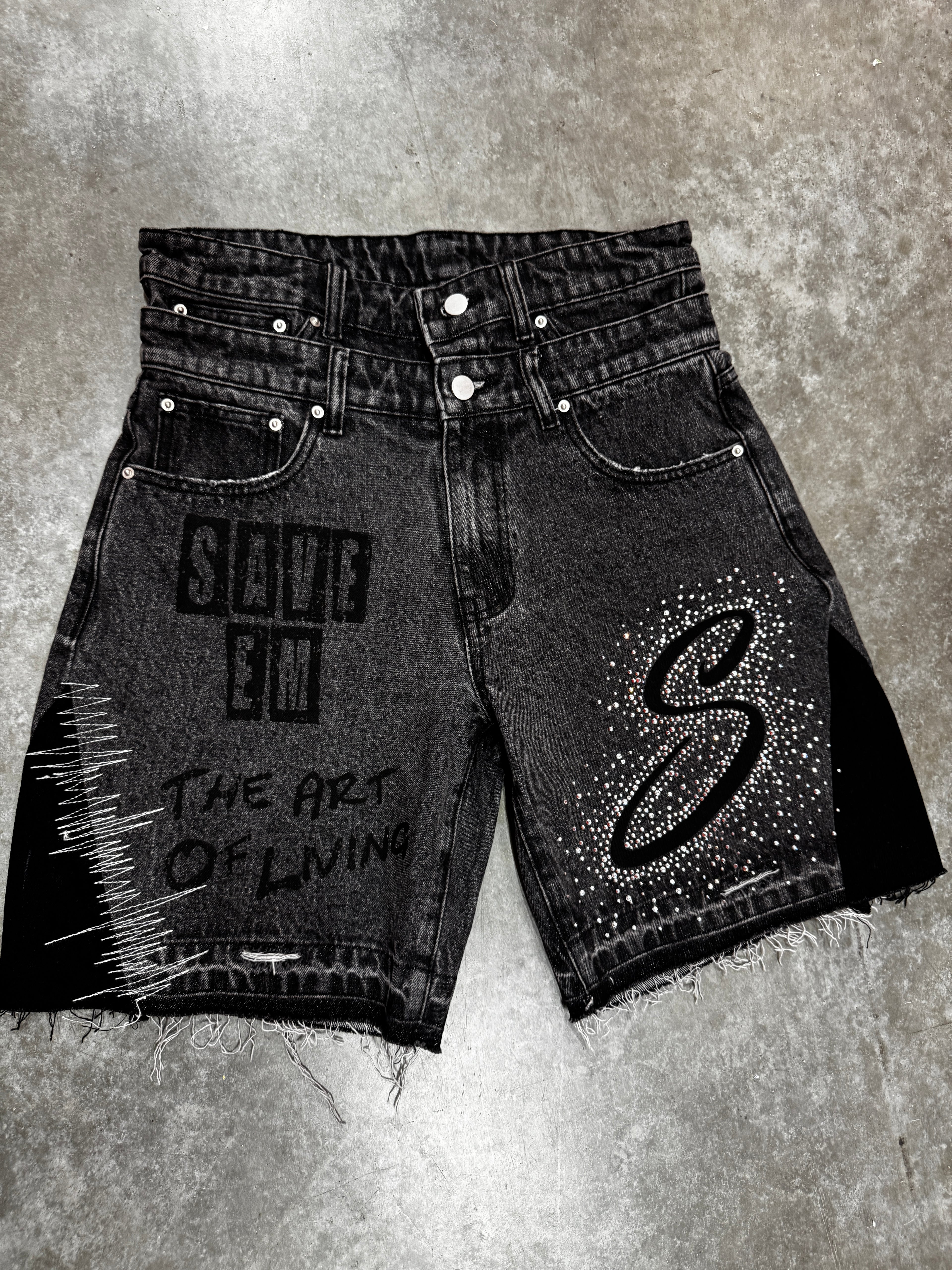 SAVE SOULS SAVE EM RHINESTONE JORTS